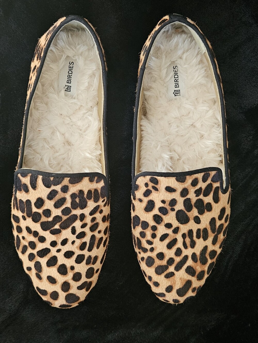 Birdies The Phoebe Leopard Haircalf Faux Fur Loafer Slides Women's Size 6 NWOB